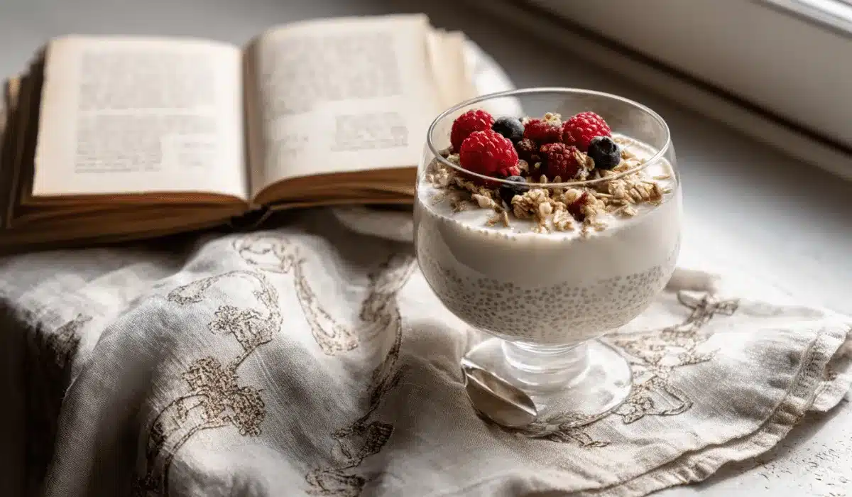 Chia yogurt in a jar next to printed recipe card