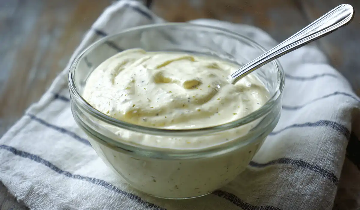 Greek yogurt ranch dressing in a bowl with herbs