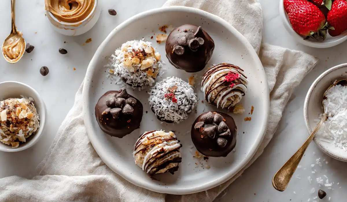 Assorted frozen yogurt bites with toppings on serving tray