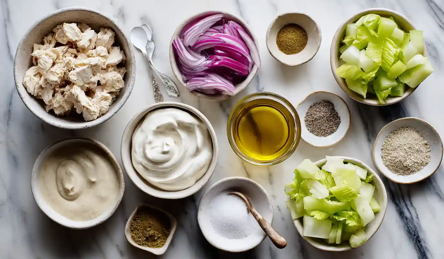 ingredients for canned chicken salad recipe including Greek yogurt, celery, and onion