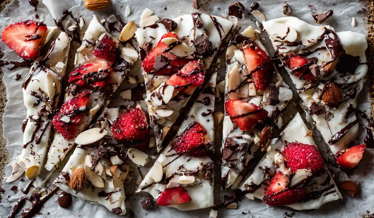 Frozen Greek yogurt bark with strawberries and almonds