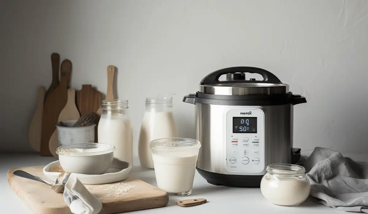 Instant Pot yogurt ingredients on marble counter