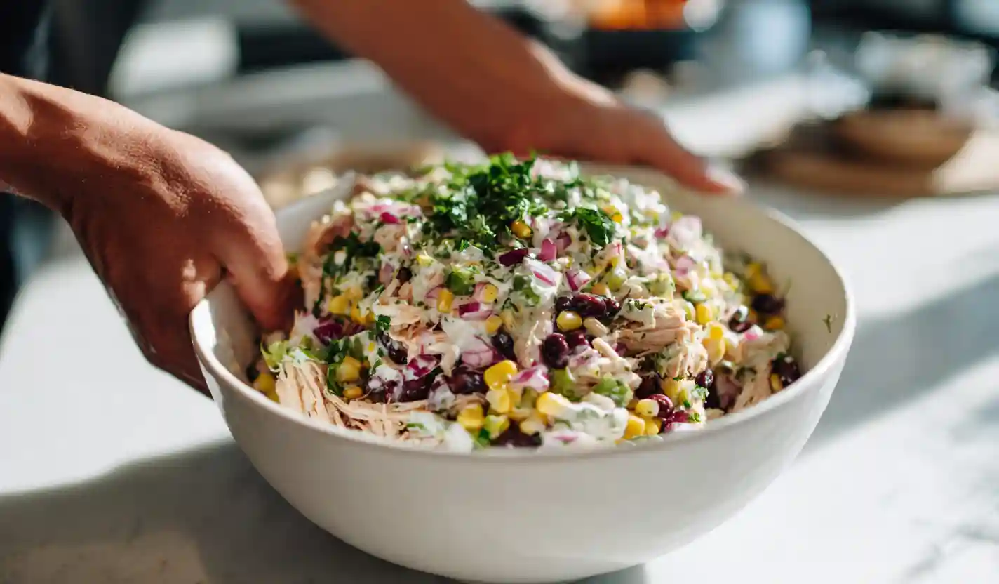 mixing mexican chicken salad with greek yogurt and veggies