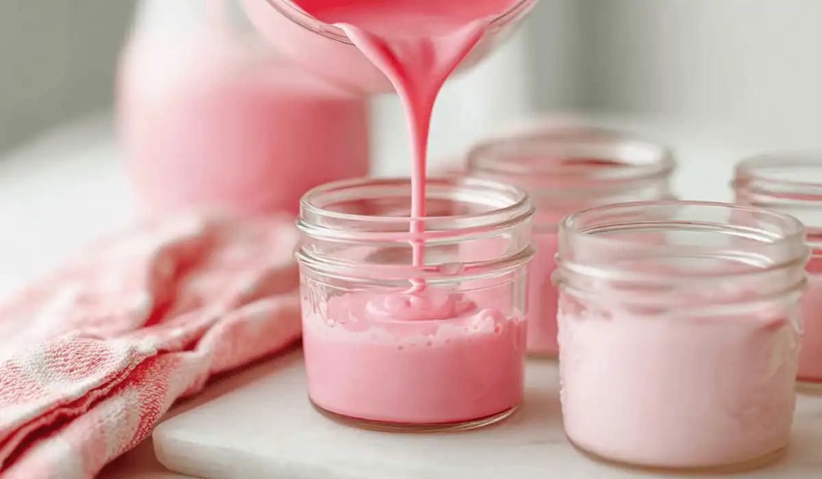 pouring jello yogurt mix into jars