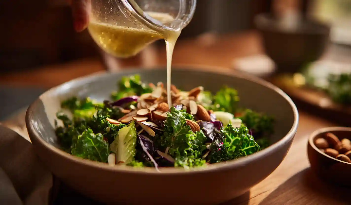 pouring vinaigrette on chick fil a kale salad