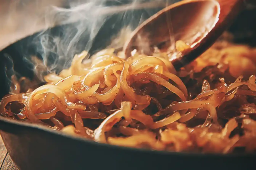Caramelized onions in a skillet with a wooden spoon, deep golden brown and glossy, ready to serve.