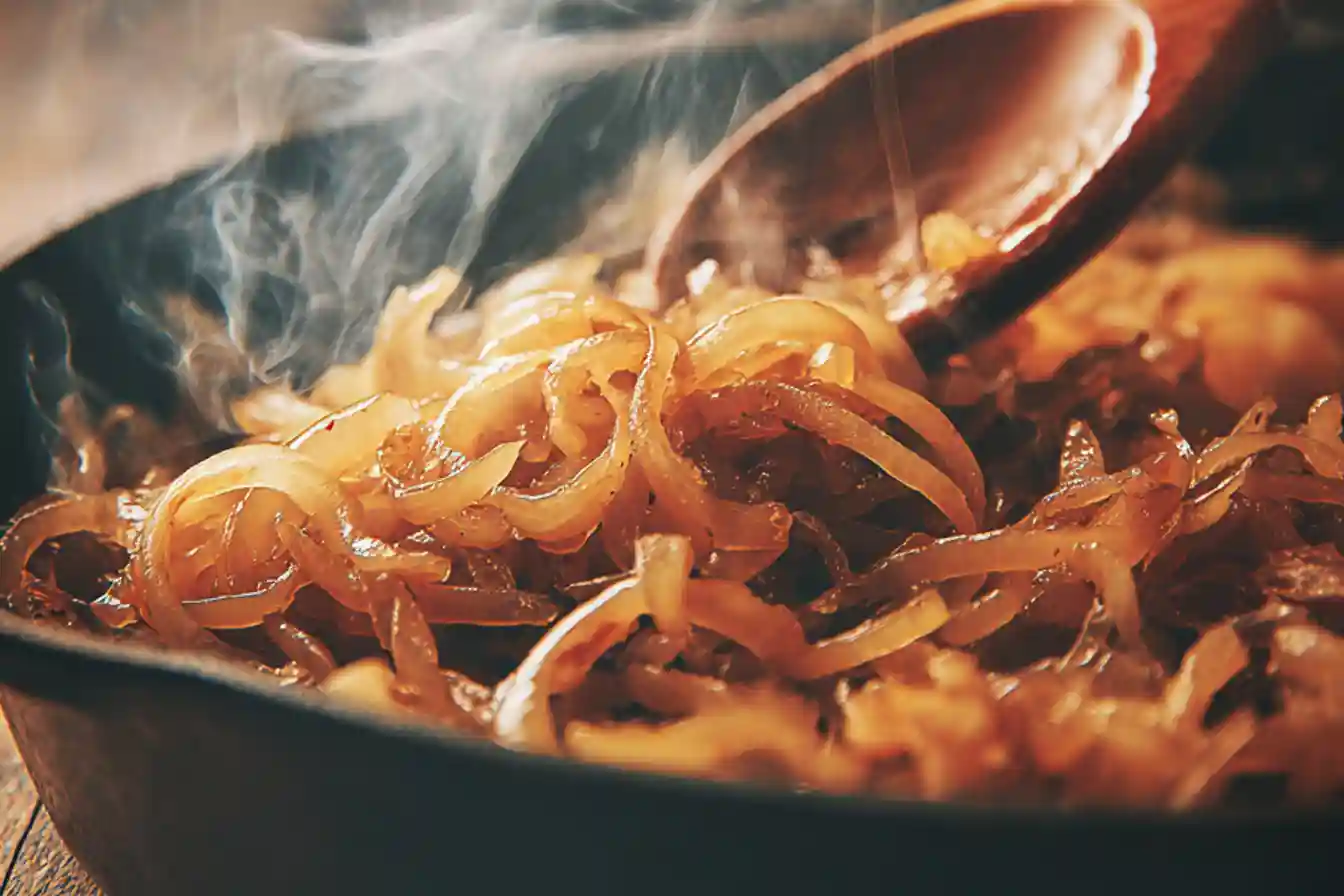 Caramelized onions in a skillet with a wooden spoon, deep golden brown and glossy, ready to serve.