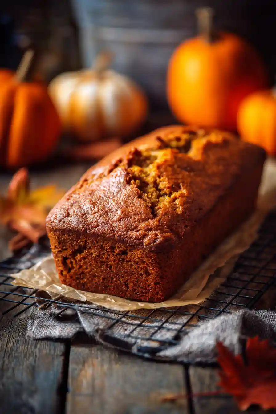 Sliced loaf of healthy pumpkin bread on a wooden board with cinnamon sticks and pumpkins.
