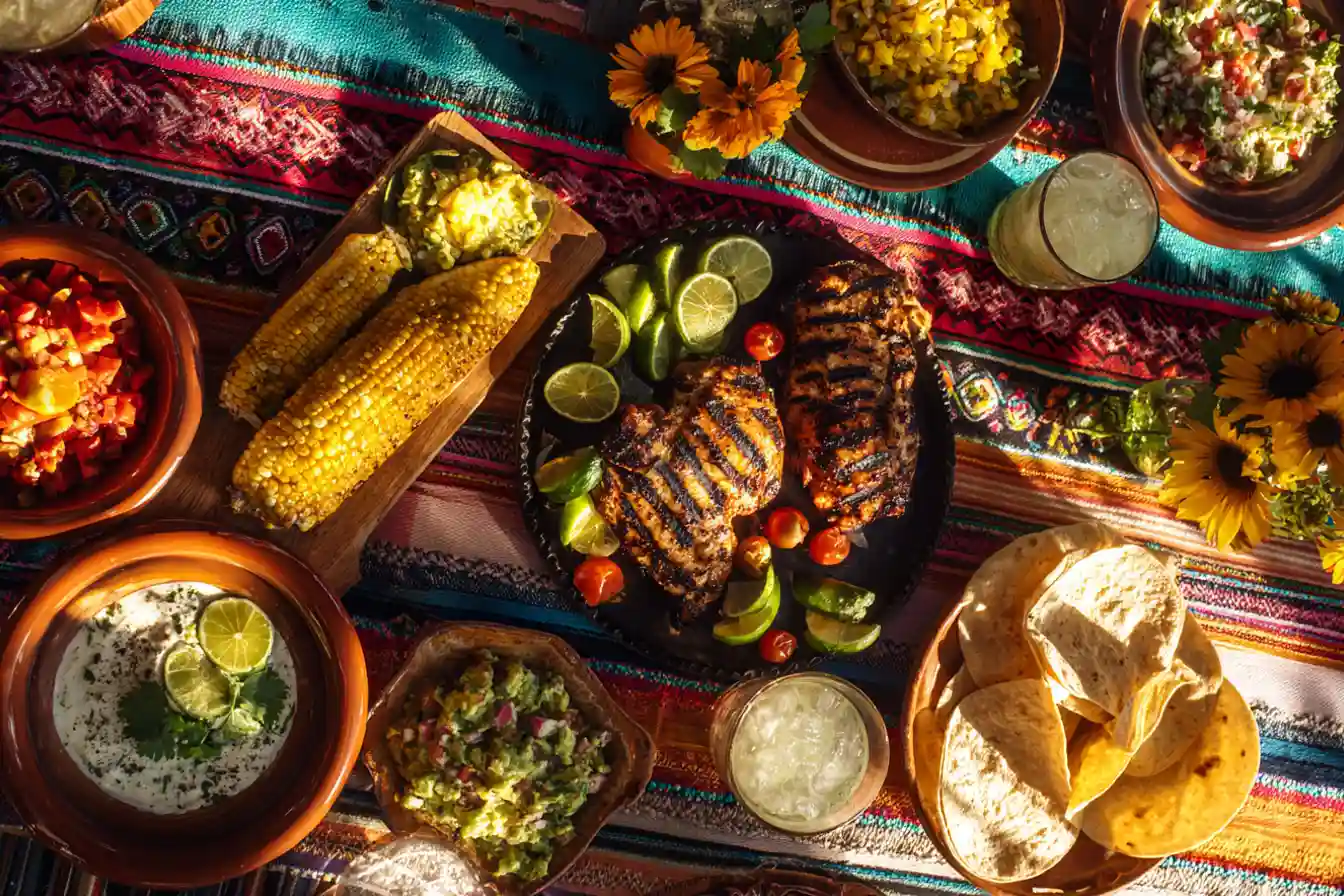 Colorful table spread with grilled chicken, Mexican corn, guacamole, mango salsa, and drinks for a summer dinner.