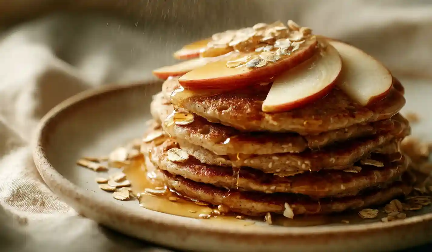 Stack of apple oatmeal pancakes with apple slices and maple syrup