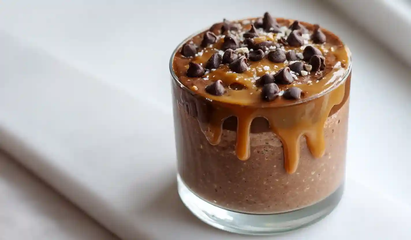 Chocolate blended brownie batter oats in a glass jar with toppings