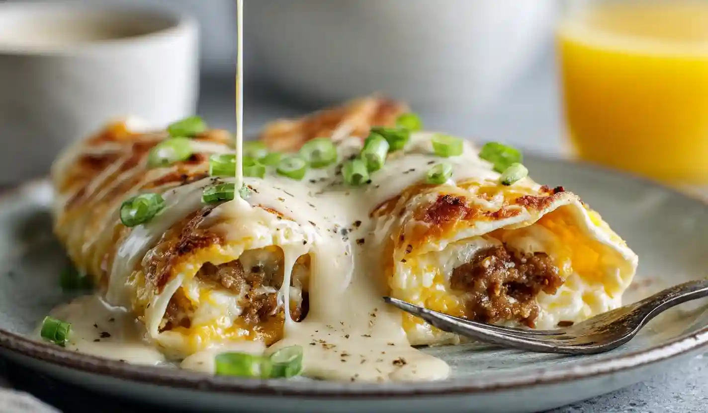 Baking dish of breakfast enchiladas with sausage gravy and melted cheese.