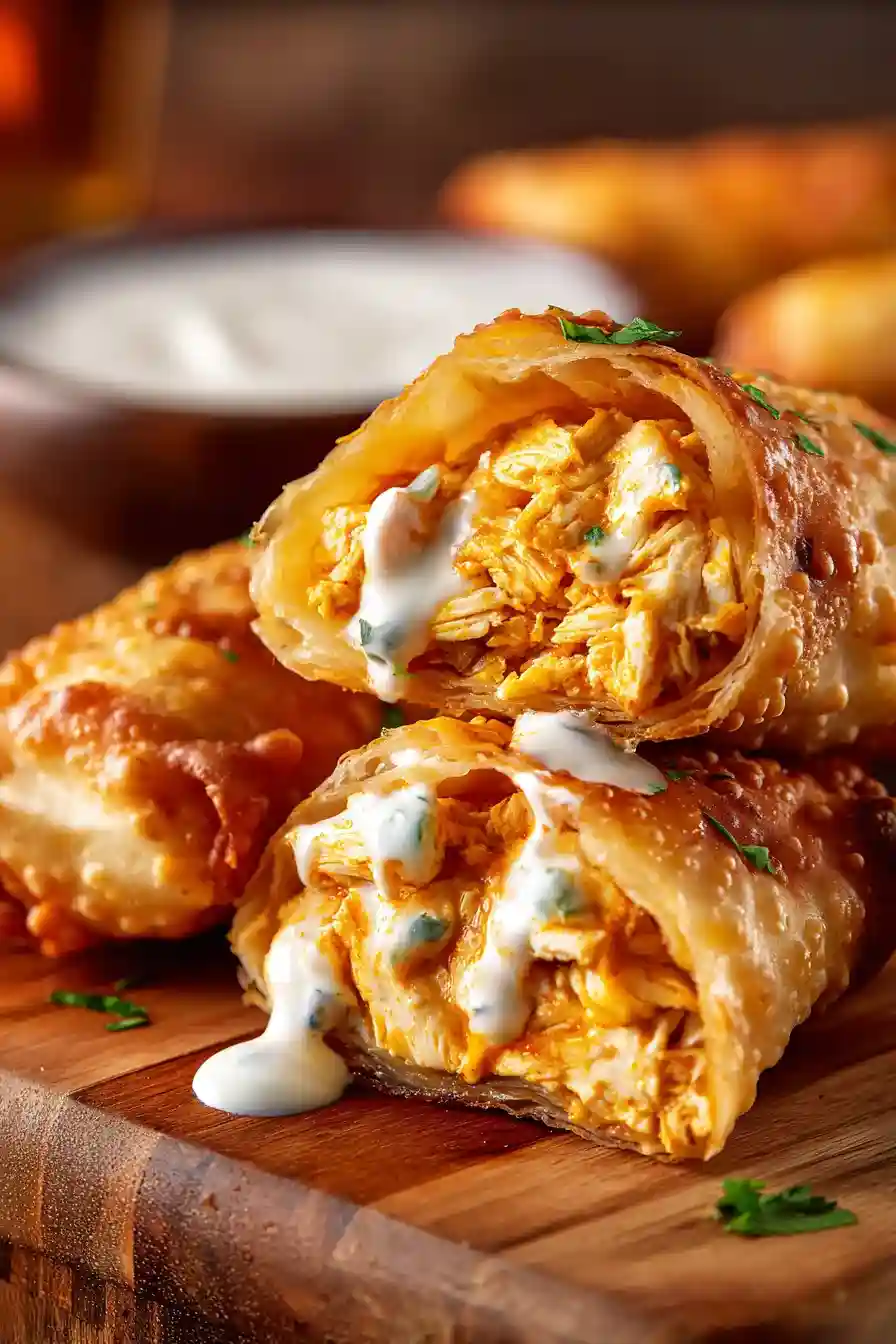 Close-up of buffalo chicken egg roll cut in half showing cheesy filling