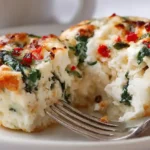 45-degree angle of golden cottage cheese egg muffins in a muffin pan with spinach and peppers