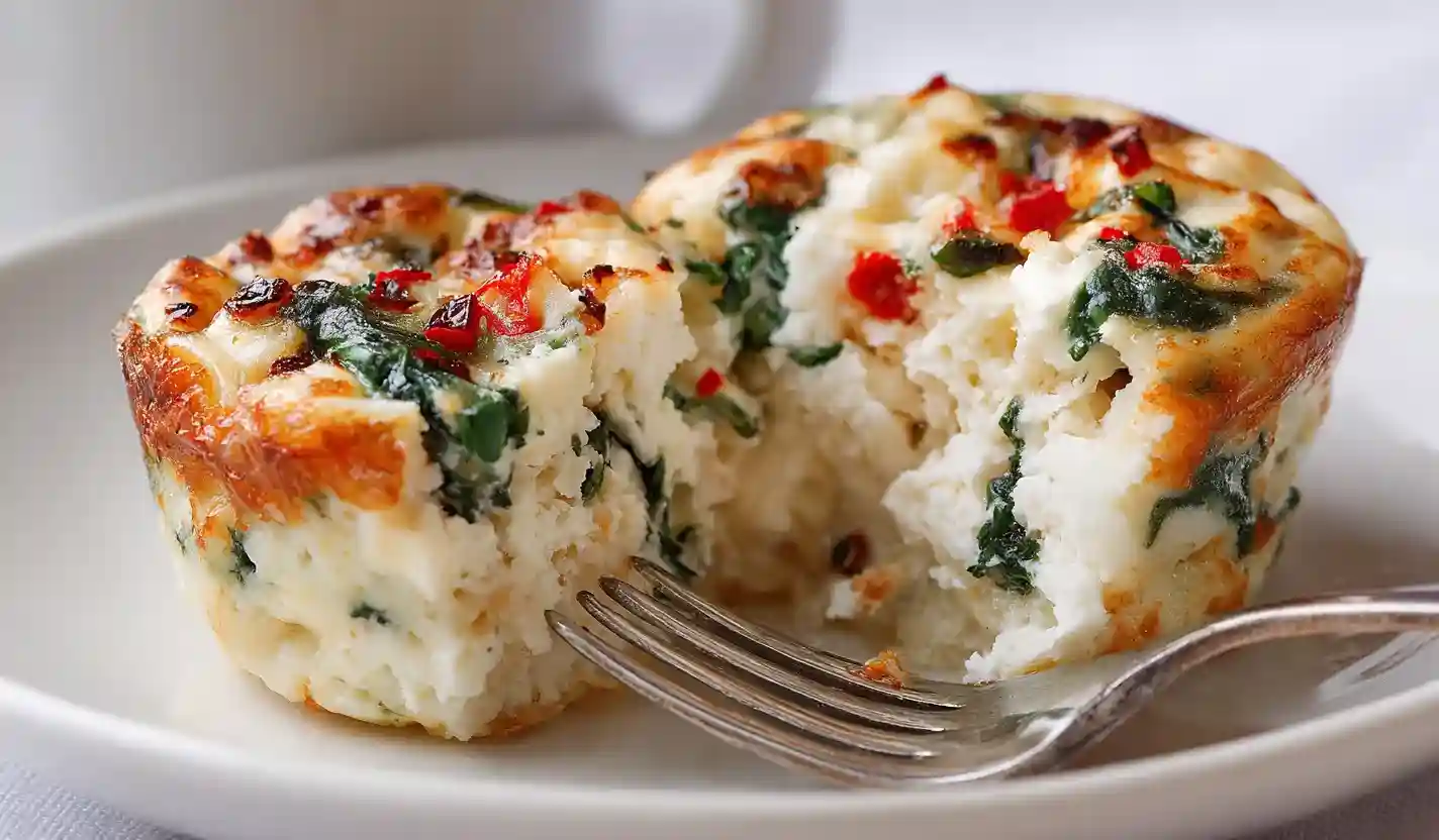 45-degree angle of golden cottage cheese egg muffins in a muffin pan with spinach and peppers