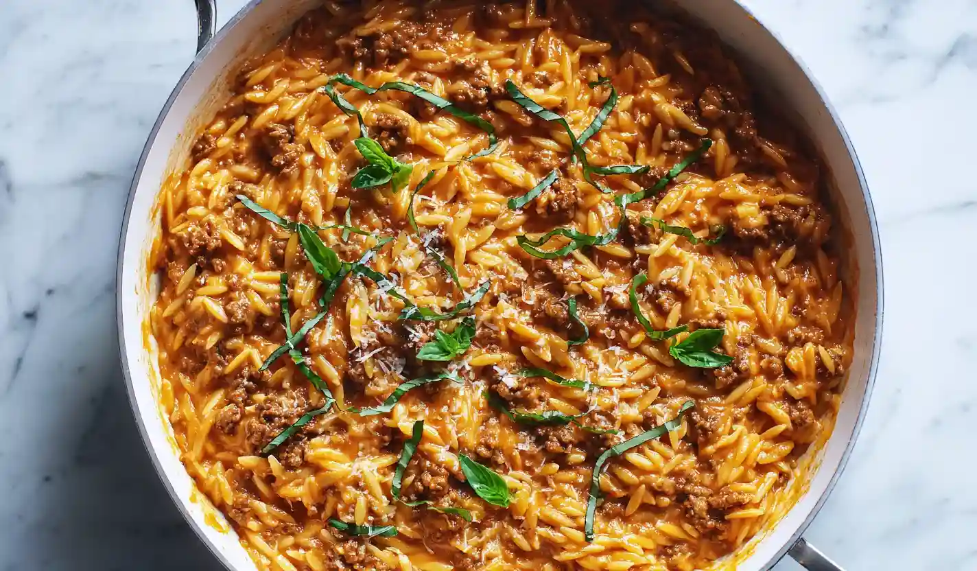 Overhead close of creamy tomato ground beef orzo in a modern white skillet