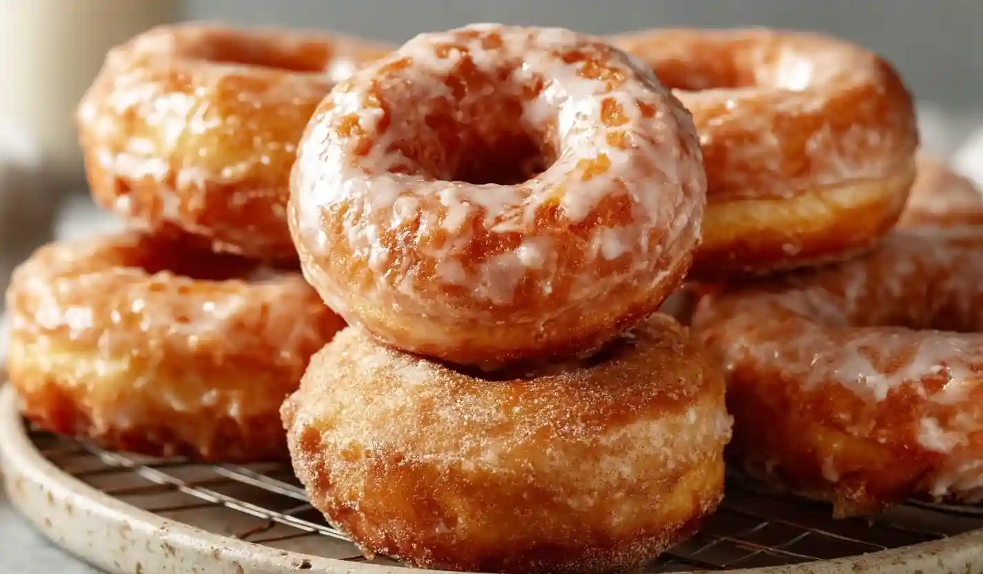 Stacked eggless donuts topped with cinnamon sugar or glaze, close-up angle