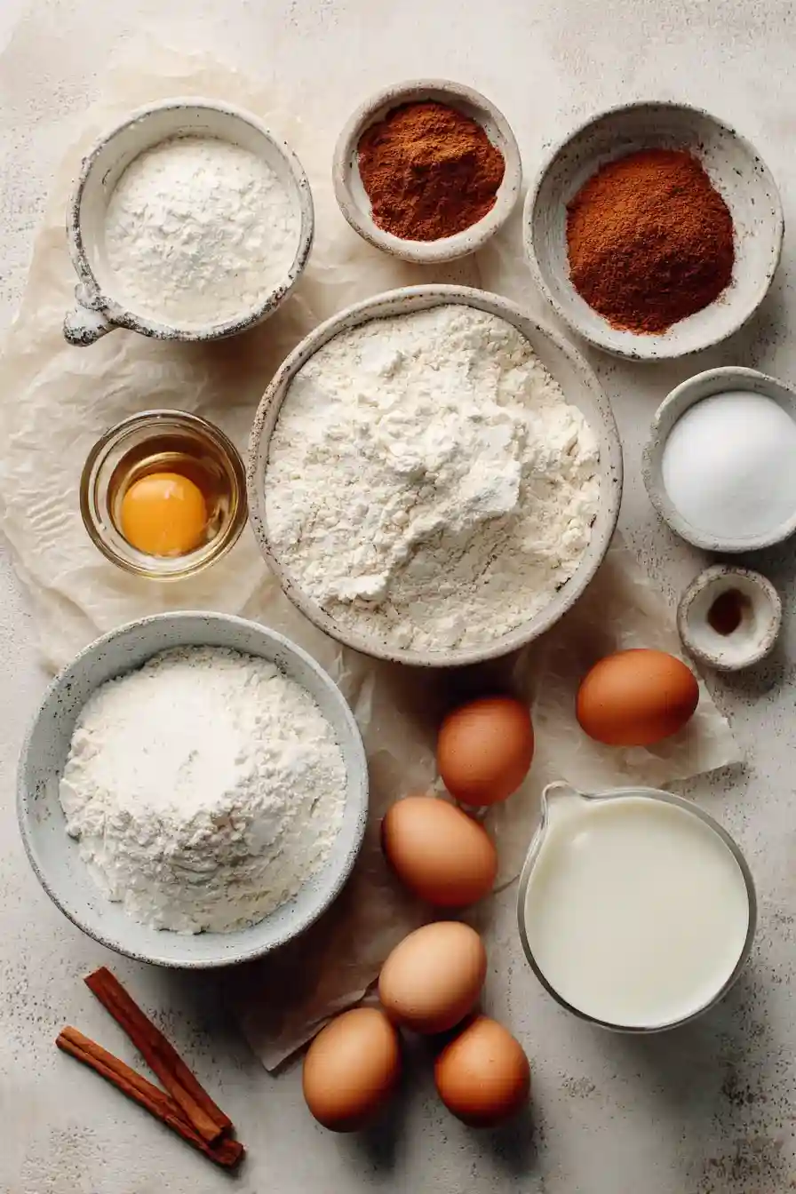 Flat lay of ingredients for making eggless donuts on parchment or marble