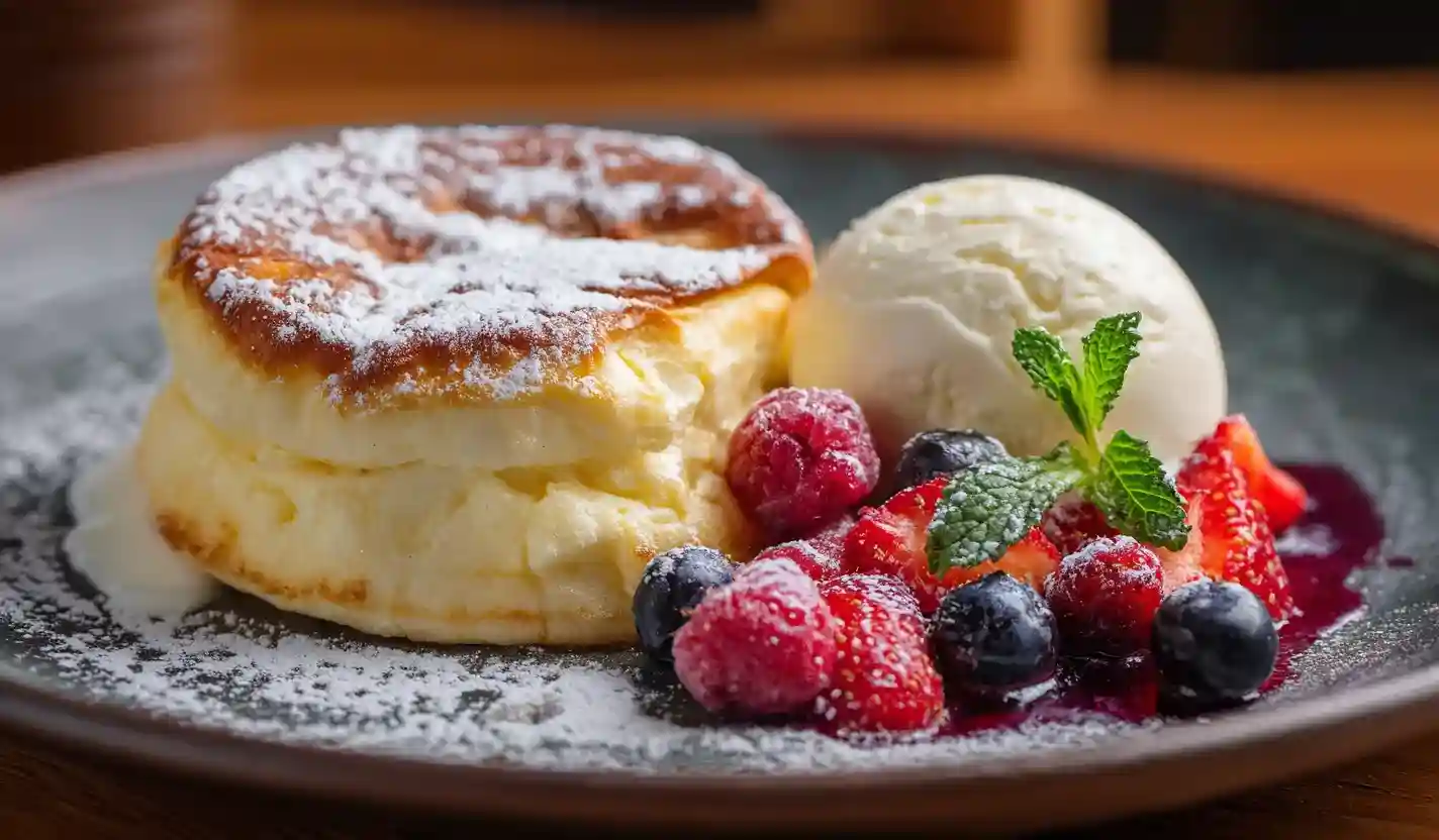 Tall stack of fluffy Japanese pancakes with cream and strawberries