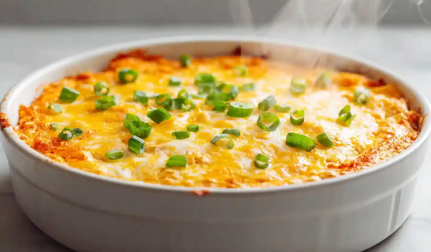 Keto buffalo chicken dip in a white baking dish with melted cheese and green onions