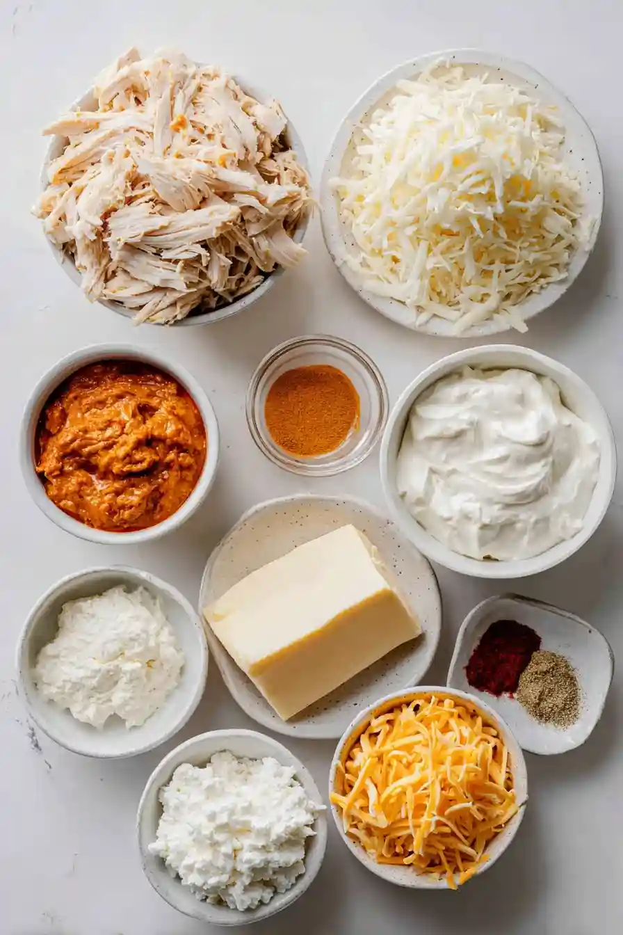 Flat lay of keto buffalo chicken dip ingredients on a white background