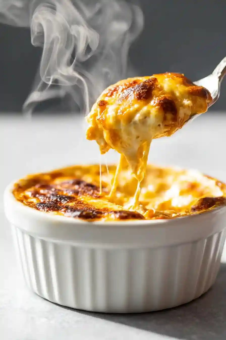 Close-up of a spoon scooping keto buffalo chicken dip with a cheese pull