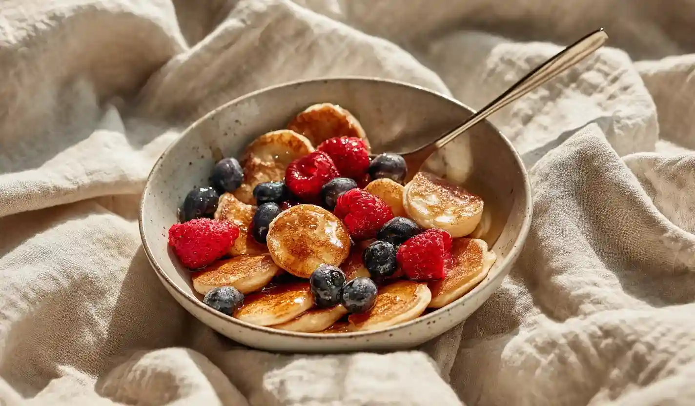 Bowl of golden pancake cereal with syrup and berries