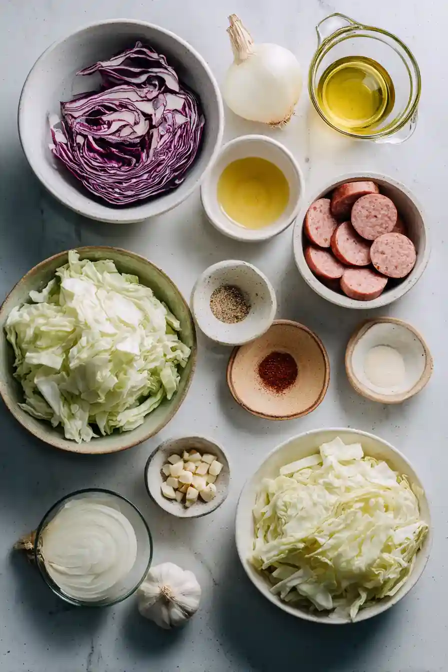 Modern flat lay of cabbage, sausage, garlic, onion, and spices on a white kitchen counter