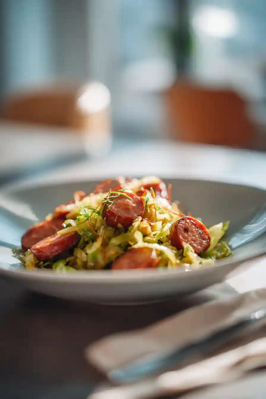 Close-up of sausage and cabbage stir fry served on a modern white dinner plate