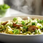 Modern skillet filled with sausage and cabbage stir fry on white countertop, 45-degree angle