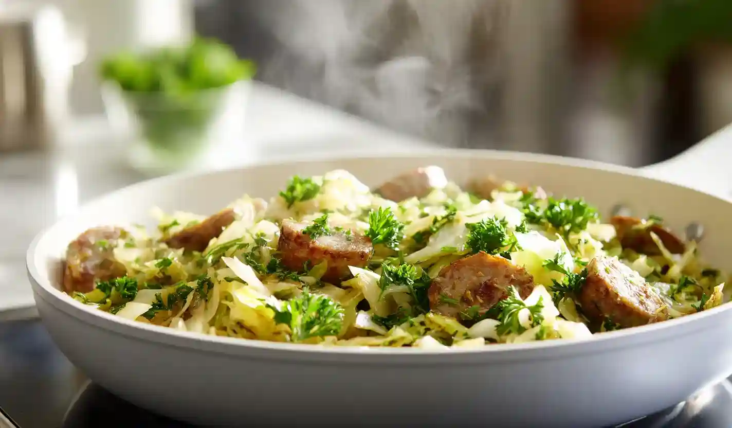Modern skillet filled with sausage and cabbage stir fry on white countertop, 45-degree angle