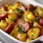 45-degree angle of smoked sausage and potato bake in a white casserole dish on modern counter
