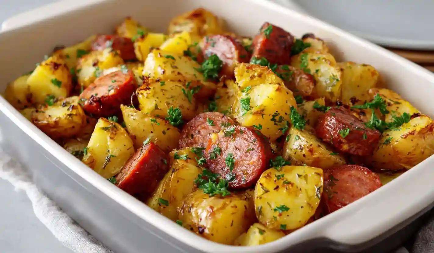 45-degree angle of smoked sausage and potato bake in a white casserole dish on modern counter
