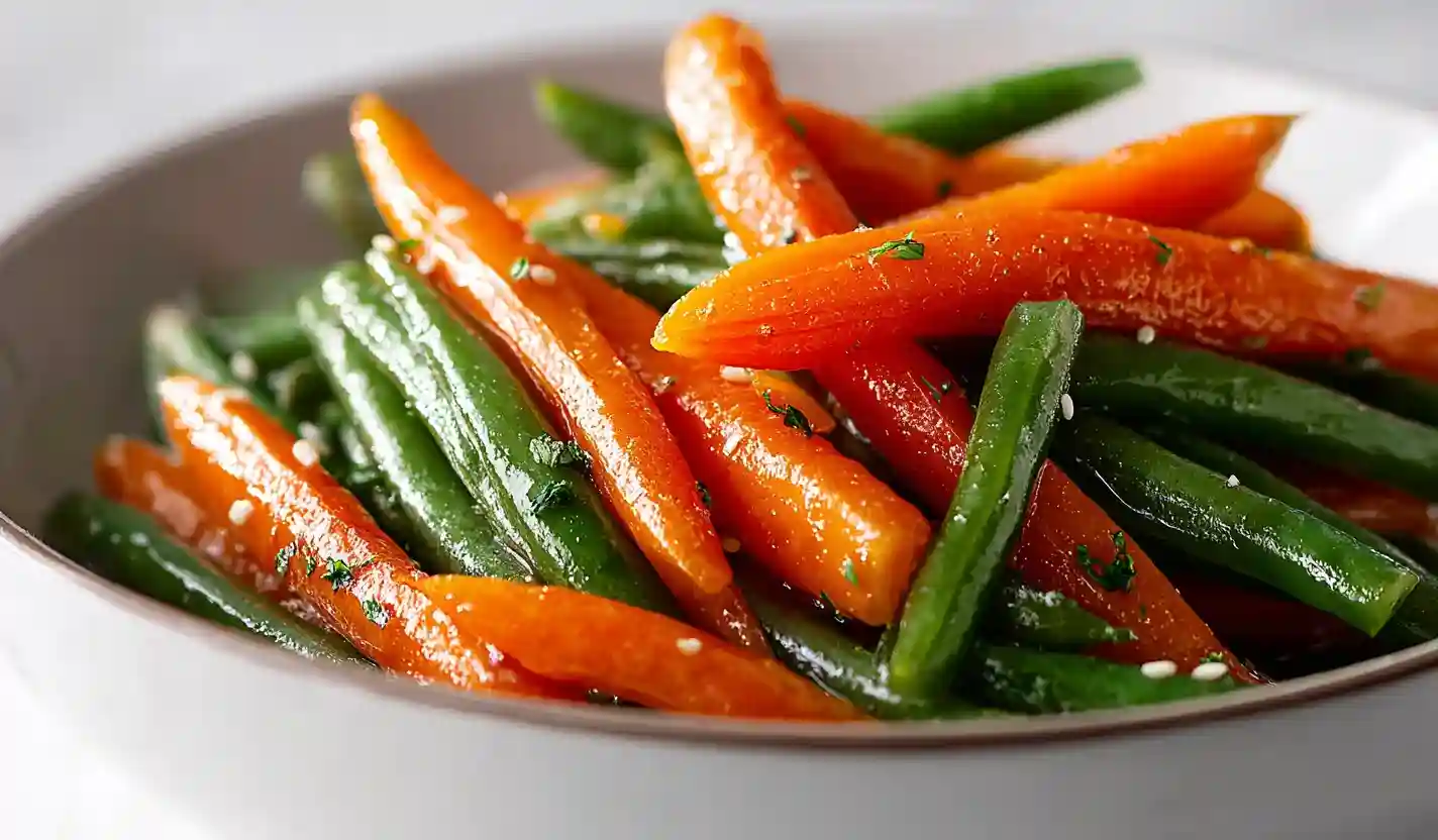 45 degree close shot of honey glazed carrots and green beans in honey butter sauce