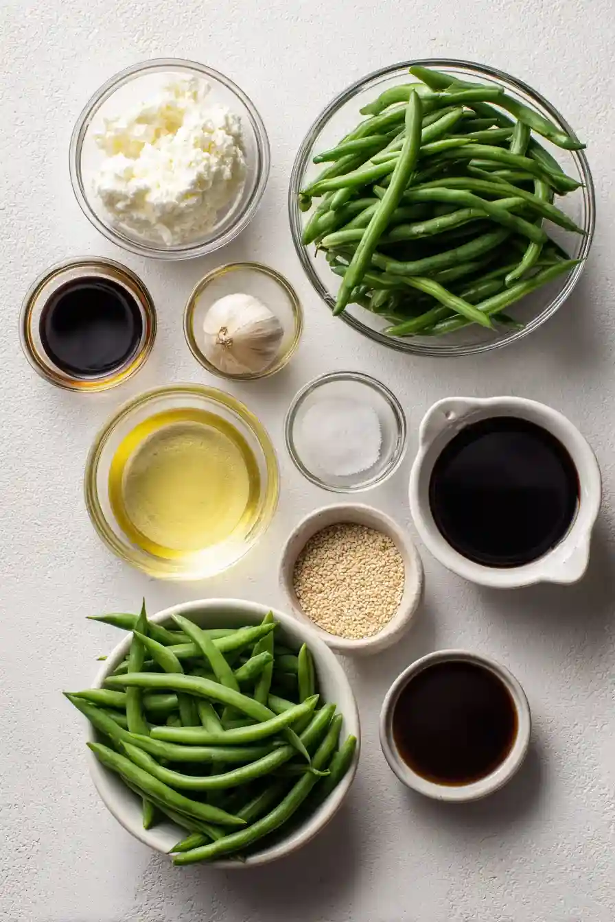 All ingredients for miso green beans — fresh green beans, miso paste, garlic, soy sauce, sesame oil, vinegar — arranged on a modern white surface.