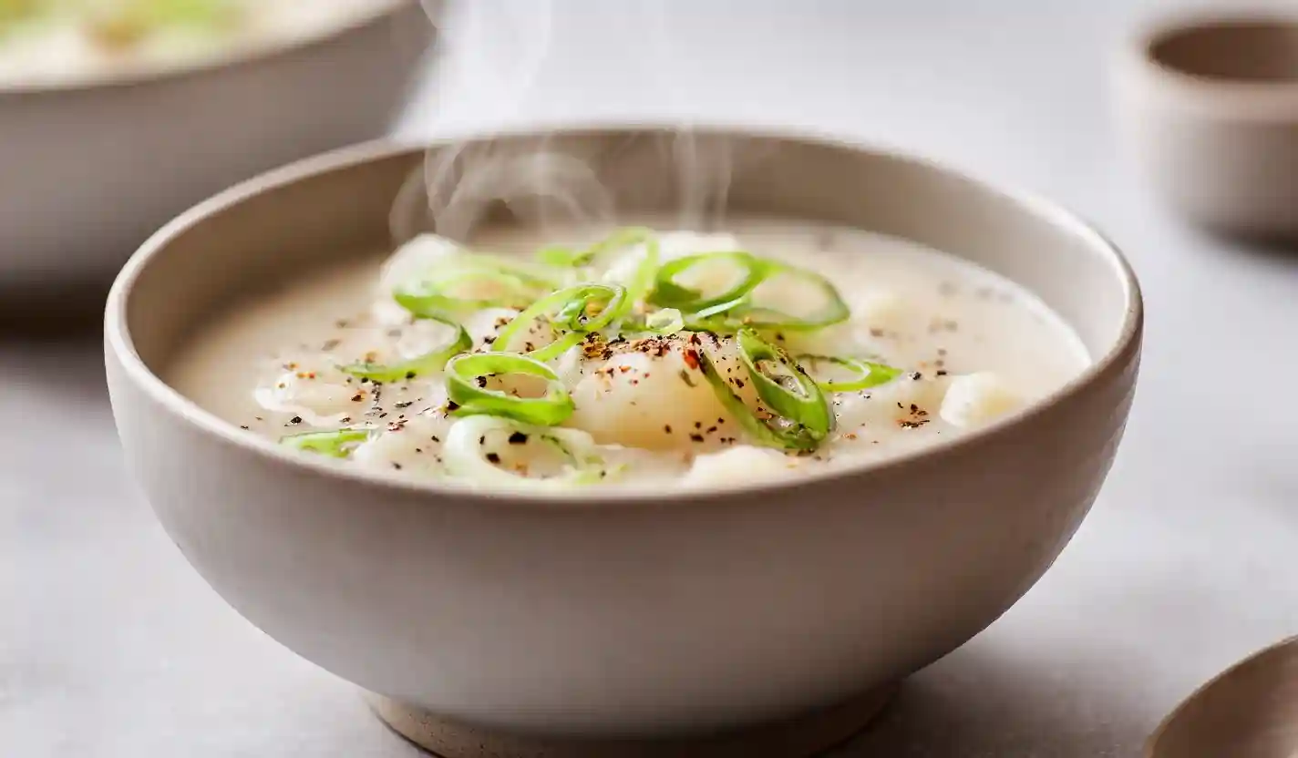 Creamy one-pot potato soup in a modern white bowl