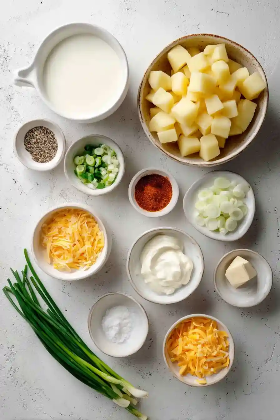Ingredients for one-pot potato soup neatly arranged