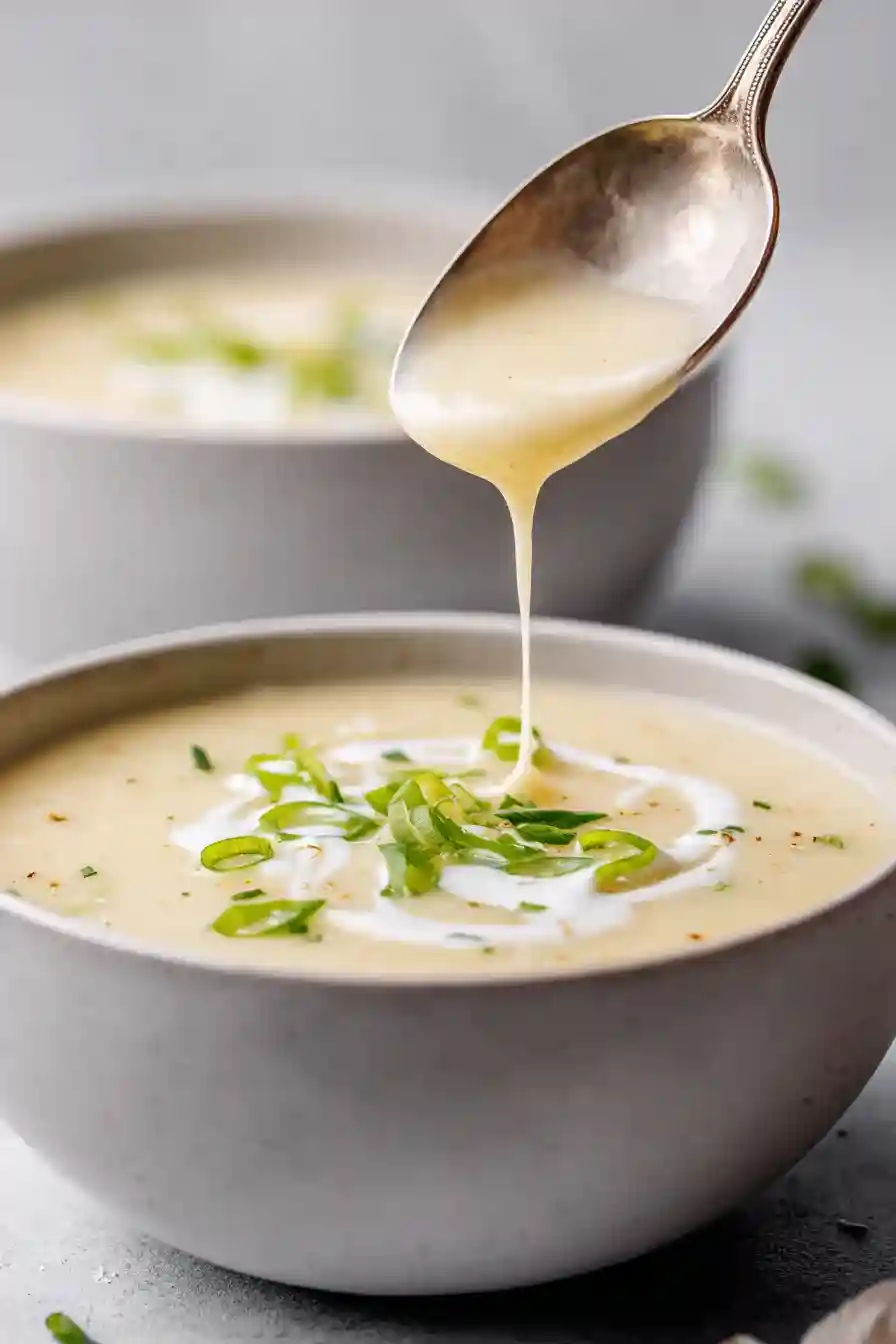 Ladle serving creamy potato soup into a white bowl