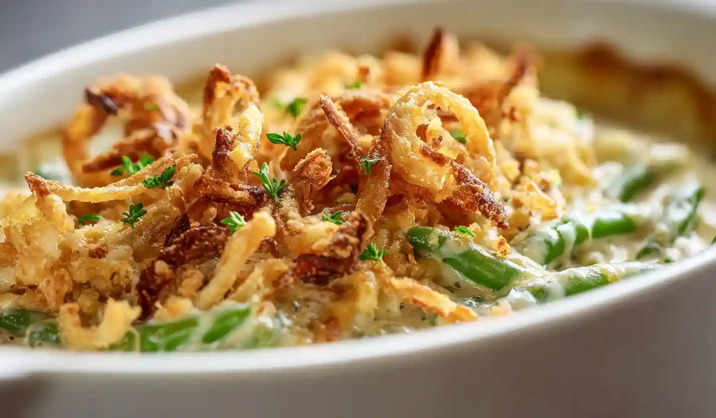 45 degree close shot of Paula Deen–style southern green bean casserole with crispy onions