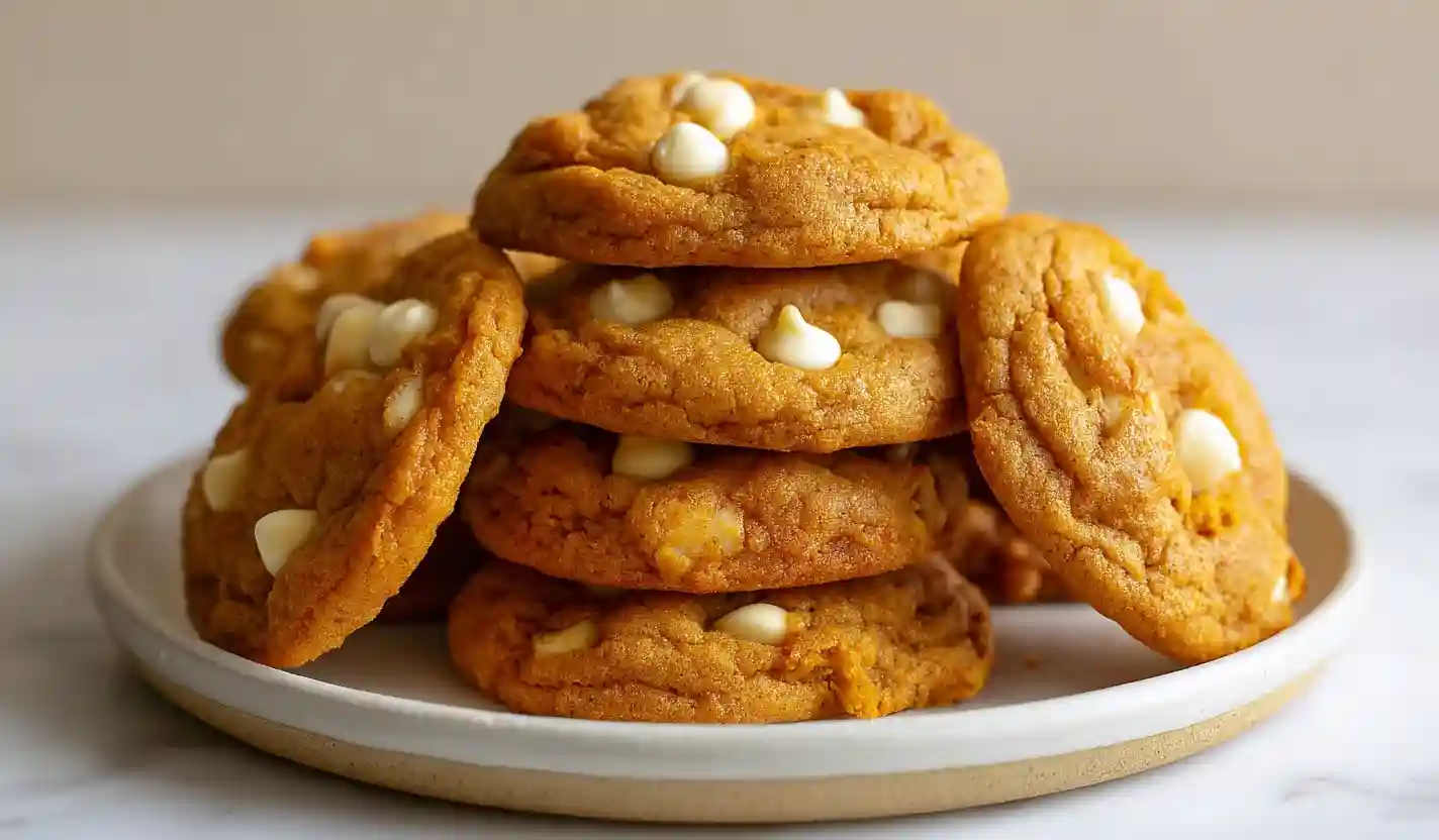 Stack of pumpkin white chocolate chip cookies on white plate