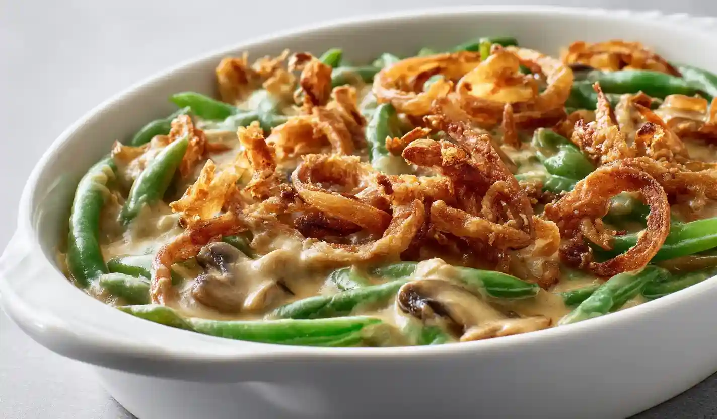 45 degree close shot of vegetarian green bean casserole with creamy mushroom sauce and crispy onions